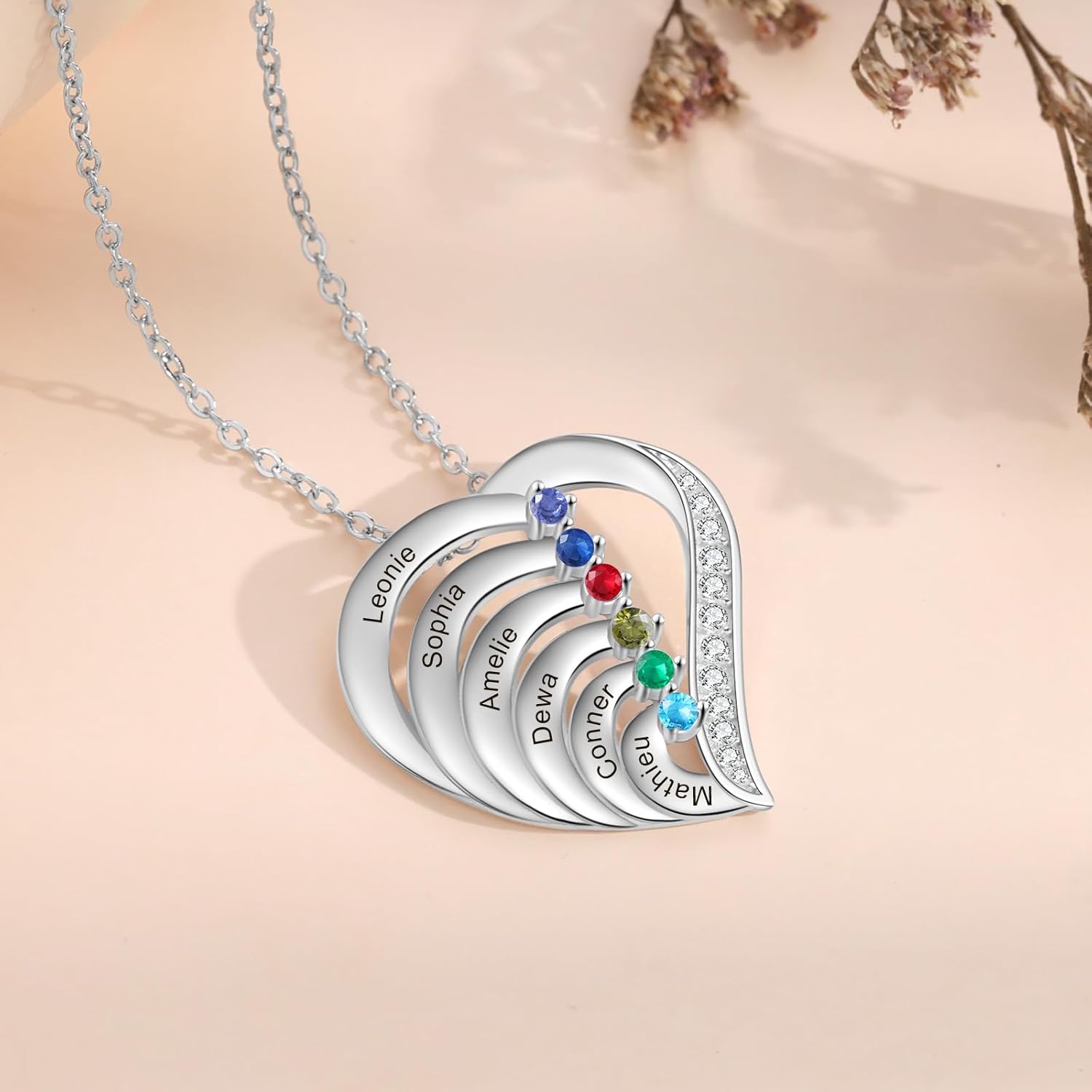 Gifts for Mom Grandma, Necklace with 2-6 Birthstones Personalized Family Pendant Women's Promise Necklace Engraved Names Anniversary Jewelry for Mommy - Image 5