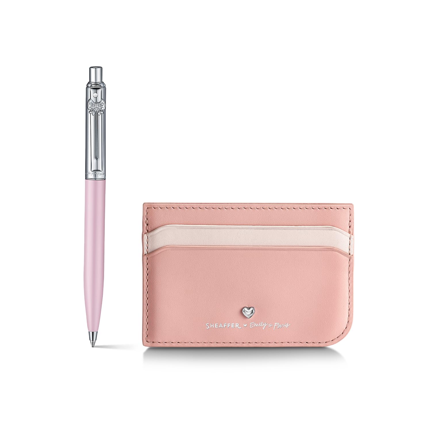 Sheaffer Sentinel Emily in Paris E321 Ballpoint Pen, Pink Matte Finish, Chrome-Plated Trims, Bow-Shaped Clip (Ballpoint Pen Full-Grain Leather Credit Card Holder Gift Set)