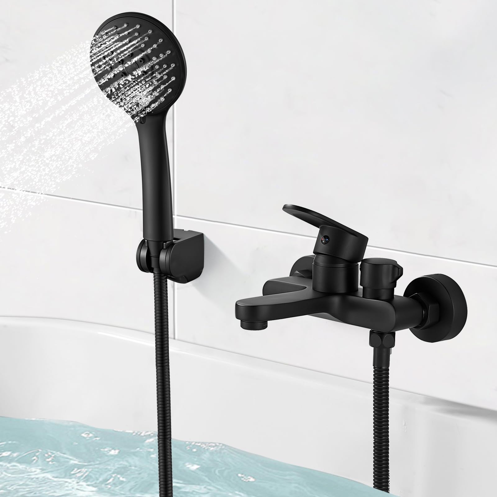 Grifo de Bañera Negro Con Alcachofa de Mano, Mezclador Para Ducha de Pared 150 mm, 3 Funciones, Color Negro Mate