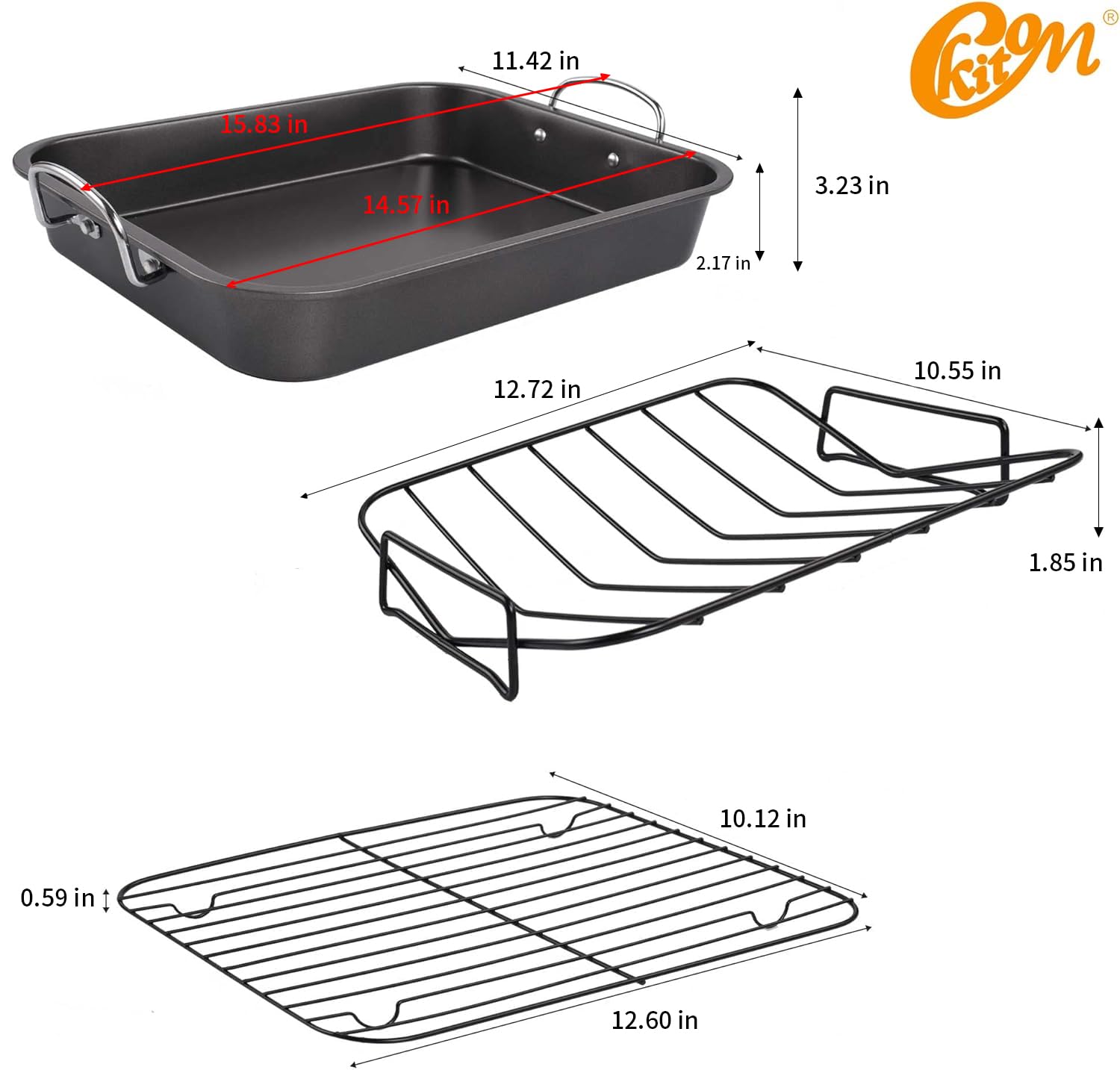 kitCom Antihaft-Bräter mit Rost – 40,6 cm rechteckiger Grill, geeignet für Truthahn, Brathähnchen, Schinken, spülmaschinenfest (9,5 QT)