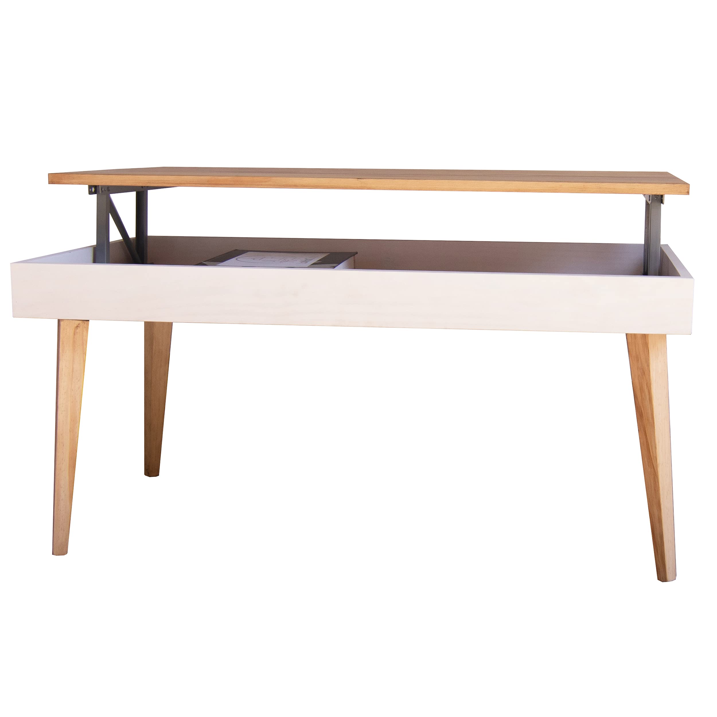 LoMasCasa - Mesa de Centro Elevable con Cajón Modelo Karol de Estilo Nórdico con Acabado Madera y Blanco Fabricada en Madera Natural Maciza de Pino con Medidas: 100 x 50 x 47 cm