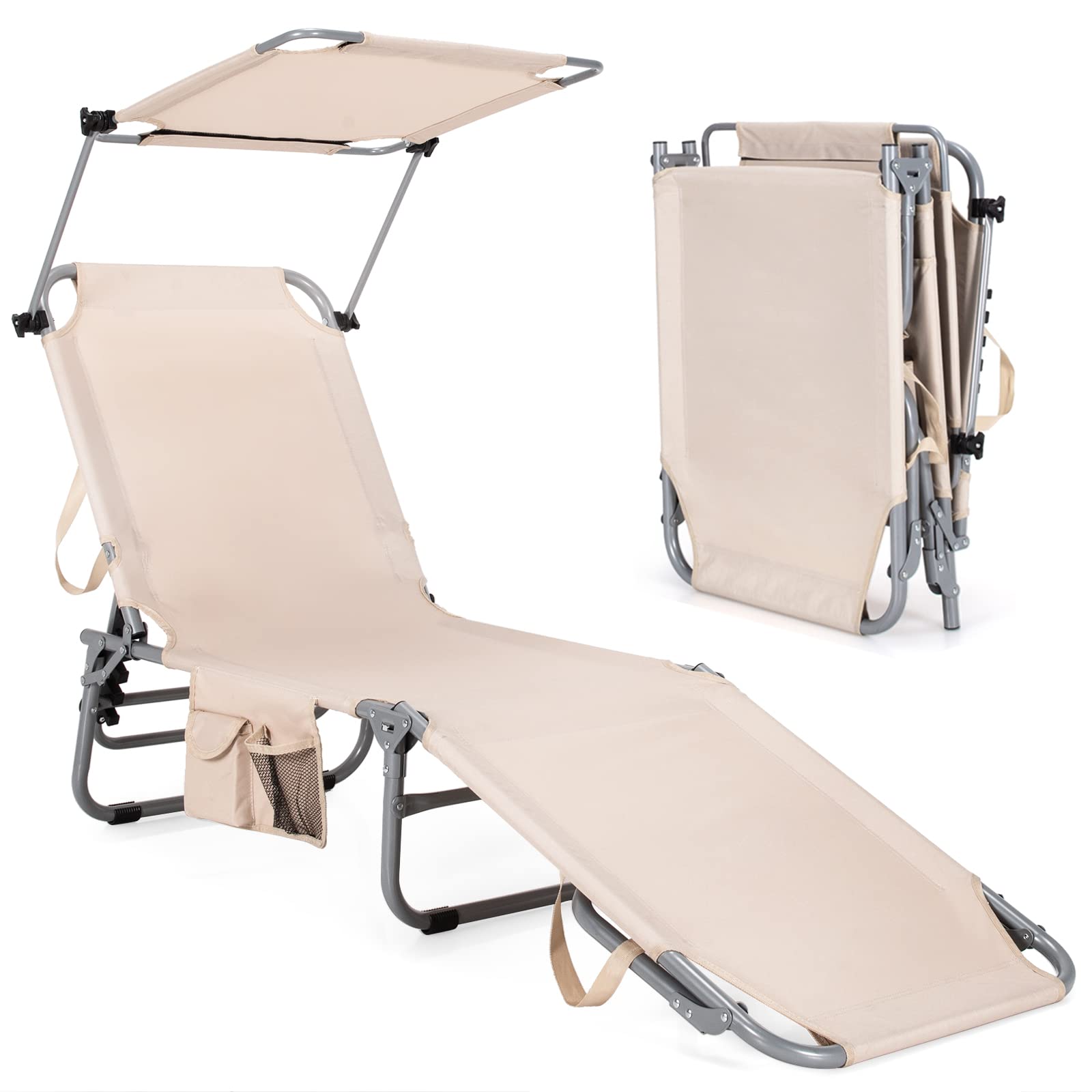 COSTWAY Tumbona Plegable con Parasol, 5 Posiciones de Respaldo Ajustables, Tumbonas Jardin Exterior con Bolsillo de Almacenamiento Lateral, Tumbona Reclinable Piscina, Playa, Patio, 150kgbeige
