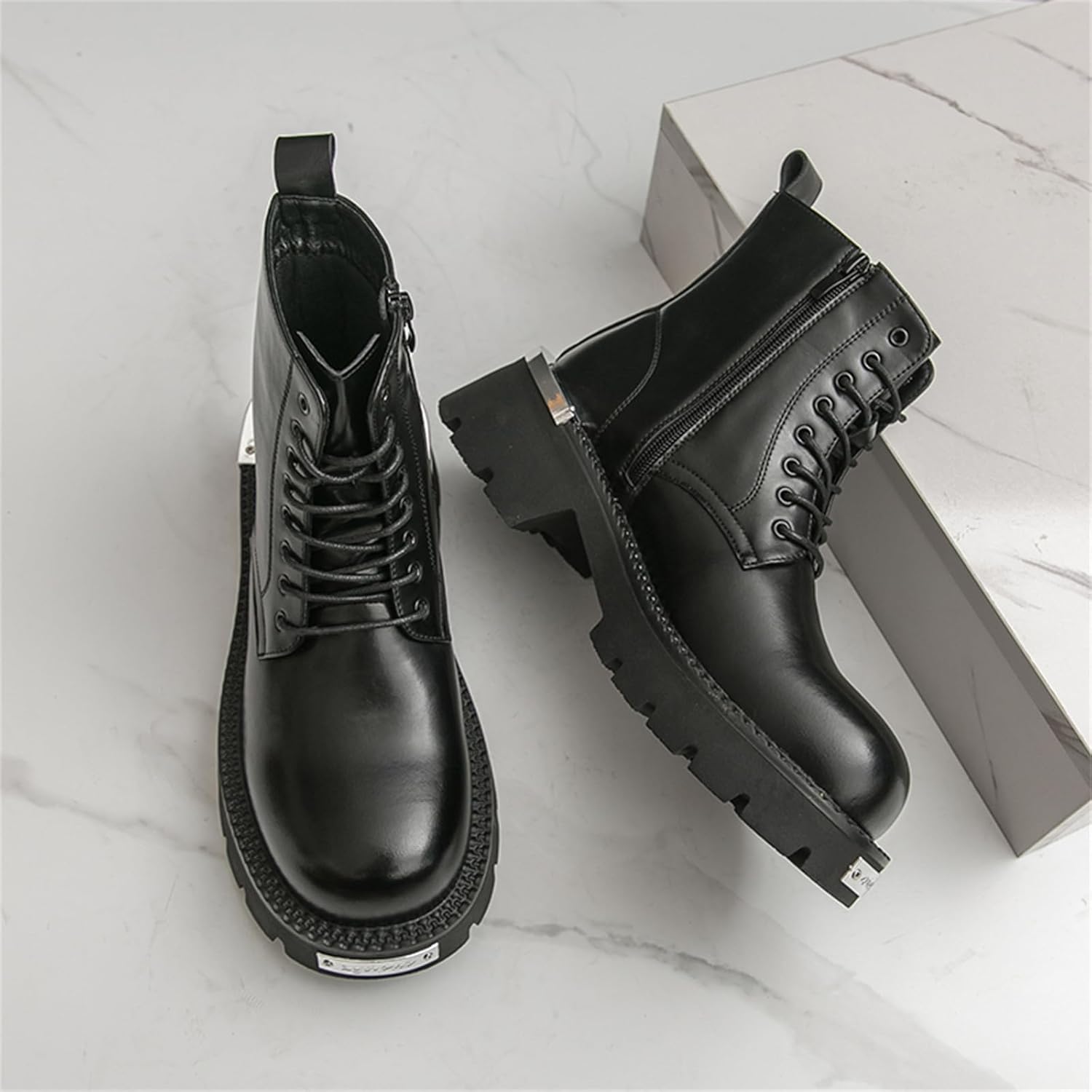 Men's Genuine Leather Platform Lace Up Dress Combat Boots with Side Zipper Casual Wide Round Toe Chunky Lug Sole Comfort Non Slip High Top Ankle Boots for Daily Streetwear Walking Formal Work Office - Image 3