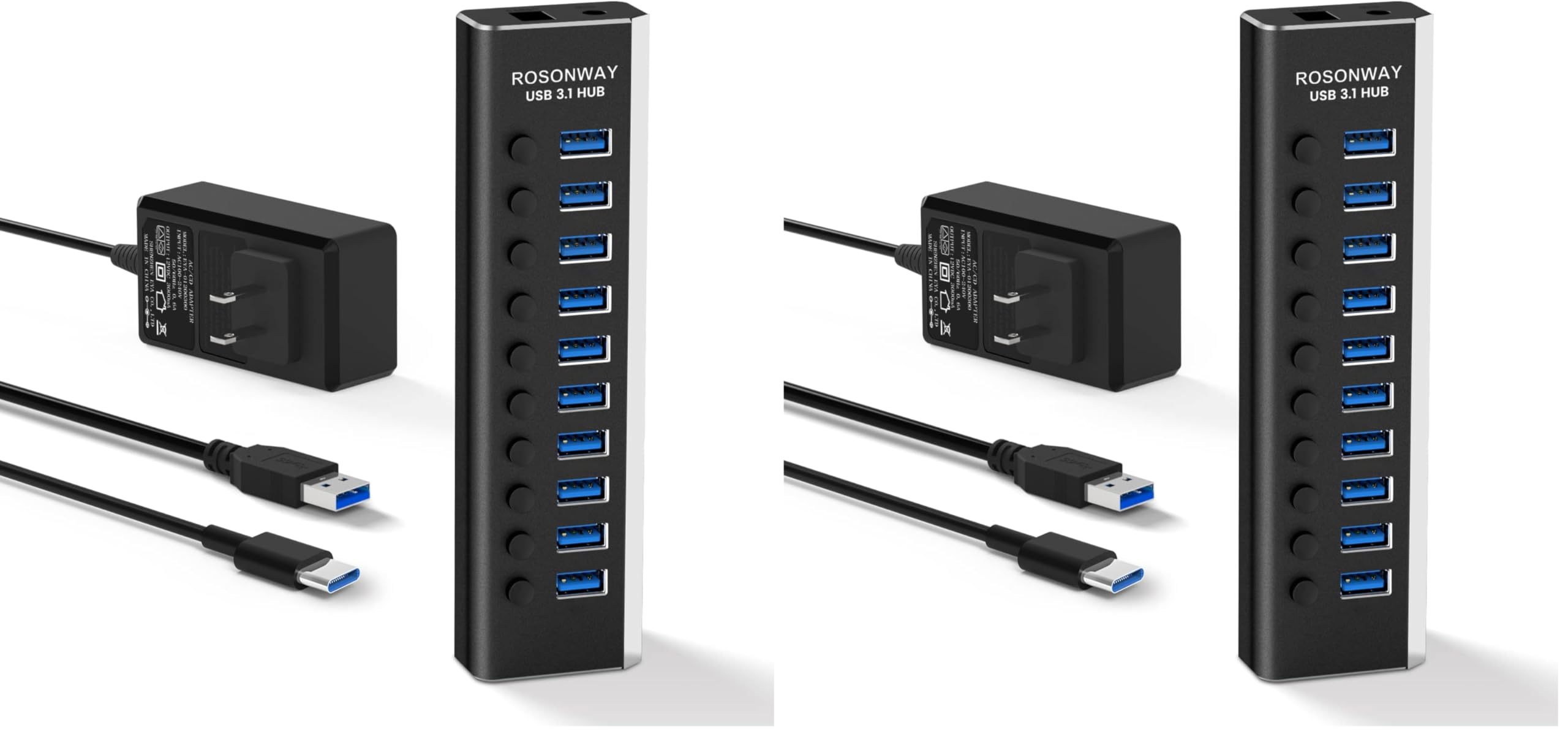 Powered USB Hub, Rosonway 10 Port USB 3.1/3.2 Gen 2 Hub 10Gbps with 36W (12V/3A) Power Adapter, Type A and Type C Cables, Aluminum USB C Hub Splitter for PC and Laptop (RSH-A10S) (Pack of 2)
