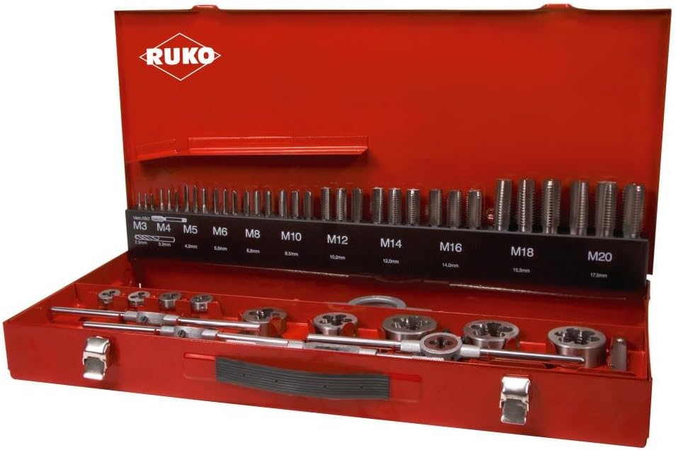 RukoHSS Thread Cutting Tool Set Steel Case, Bright Finish, 54 Pieces, R245040