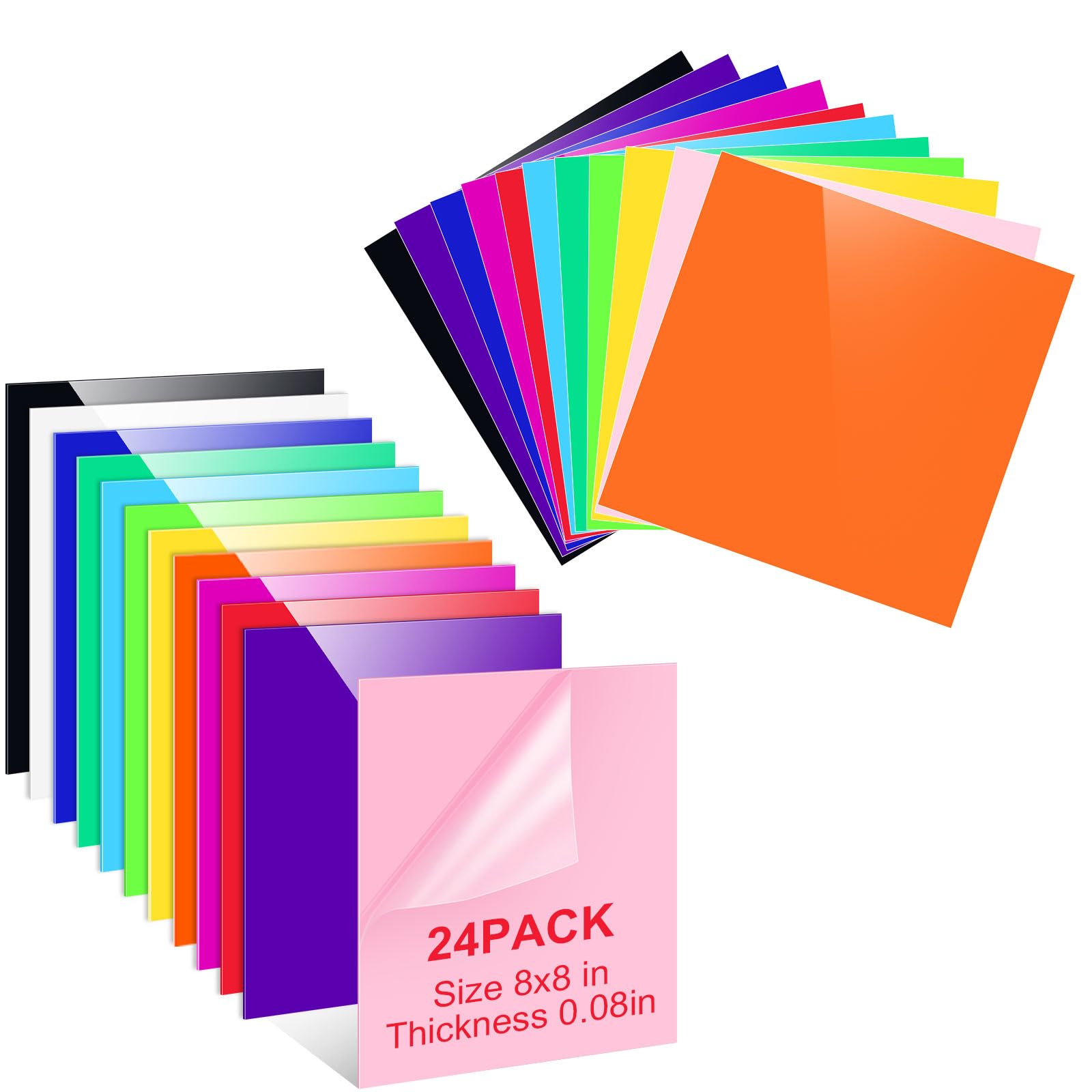 Maitys 24 Pcs Colored Acrylic Sheets, 8 x 8 Inch Opaque Colored Acrylic Sheets Bulk Panel Boards for DIY Laser Cutting Engraving Signs Sawing Crafts