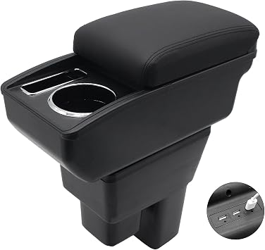 YJYWZH Car Armrest Box for Honda Fit Jazz Hatchback 2009-2013, Black Thread | Arm Rest Center Console Organizer with 3 USB Charging Ports, Double Layer Storage Space, with Cup Holder, Easy Installation