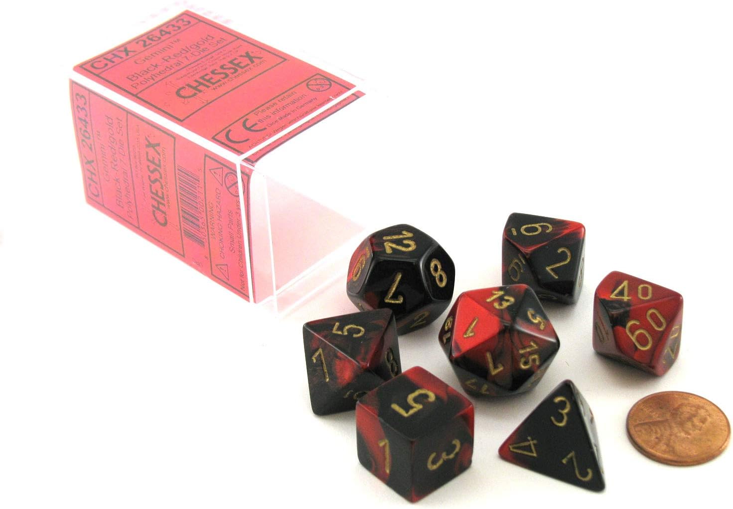 Chessex Manufacturing Polyhedral 7-Die Gemini Dice Set: Black & Red with Gold (d4, d6, d8, d10, d12, d20 & d00) CHX-26433