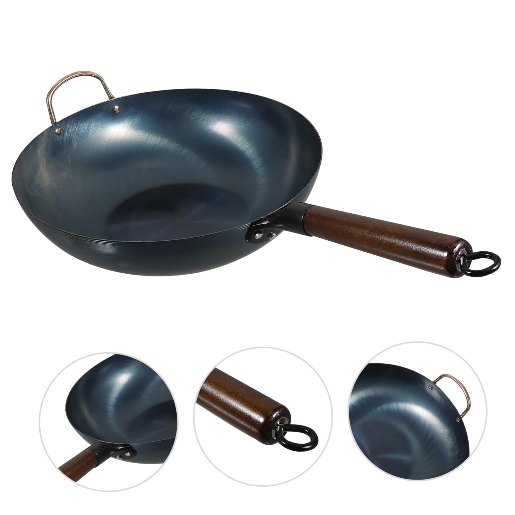 Ciieeo Sartén Wok Chino de Hierro Fondo Plano y Mango de Madera, Superficie Lisa Multifuncional Adecuado para Barbacoa y Cocina Tradicional