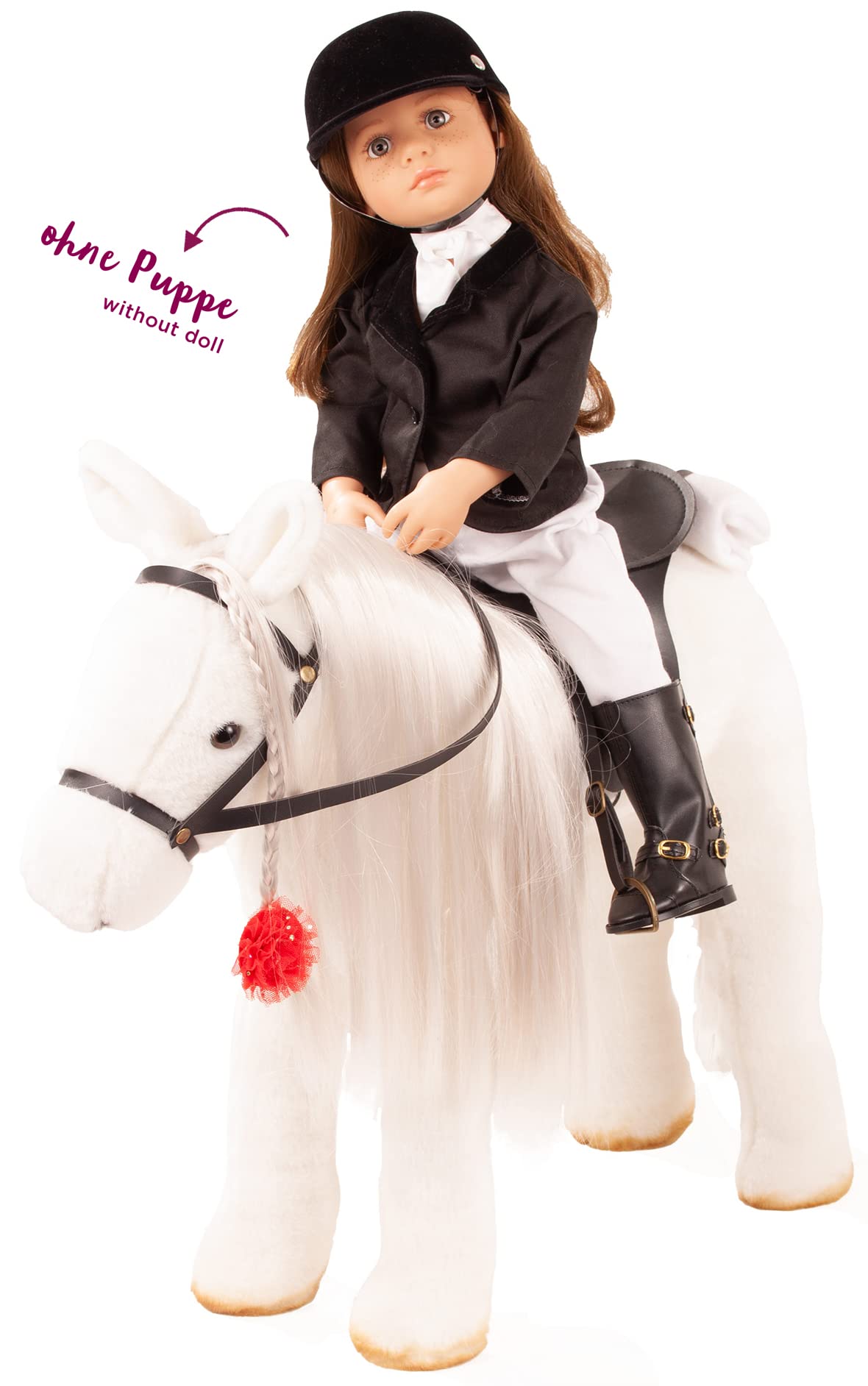 Götz 3403087 Lipizzaner Kämmpferd (Stockmaß 37 cm) – weißes Plüschpferd, Höhe ca. 52 cm für Stehpuppen – mit Sattel, Zaumzeug und Picknickdecke