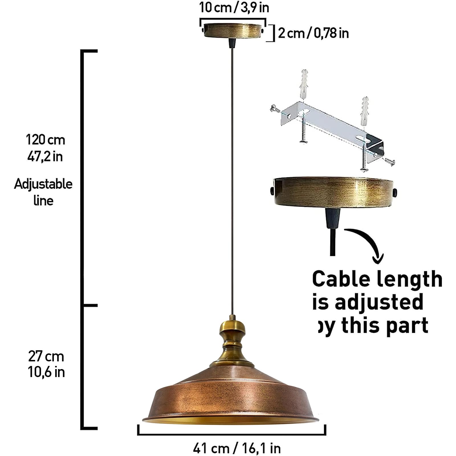 Bamyum Knob Luminaires suspendus industriels cuivre 40 cm Lampe salon E26, suspension cuisine vintage