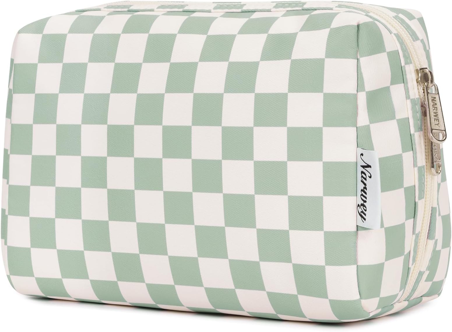 Narwey Large Makeup Bag Zipper Pouch Travel Cosmetic Organizer for Women (Large, Mint Green Checkerboard)