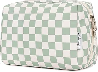 Large Makeup Bag Zipper Pouch Travel Cosmetic Organizer for Women (Large, Mint Green Checkerboard)