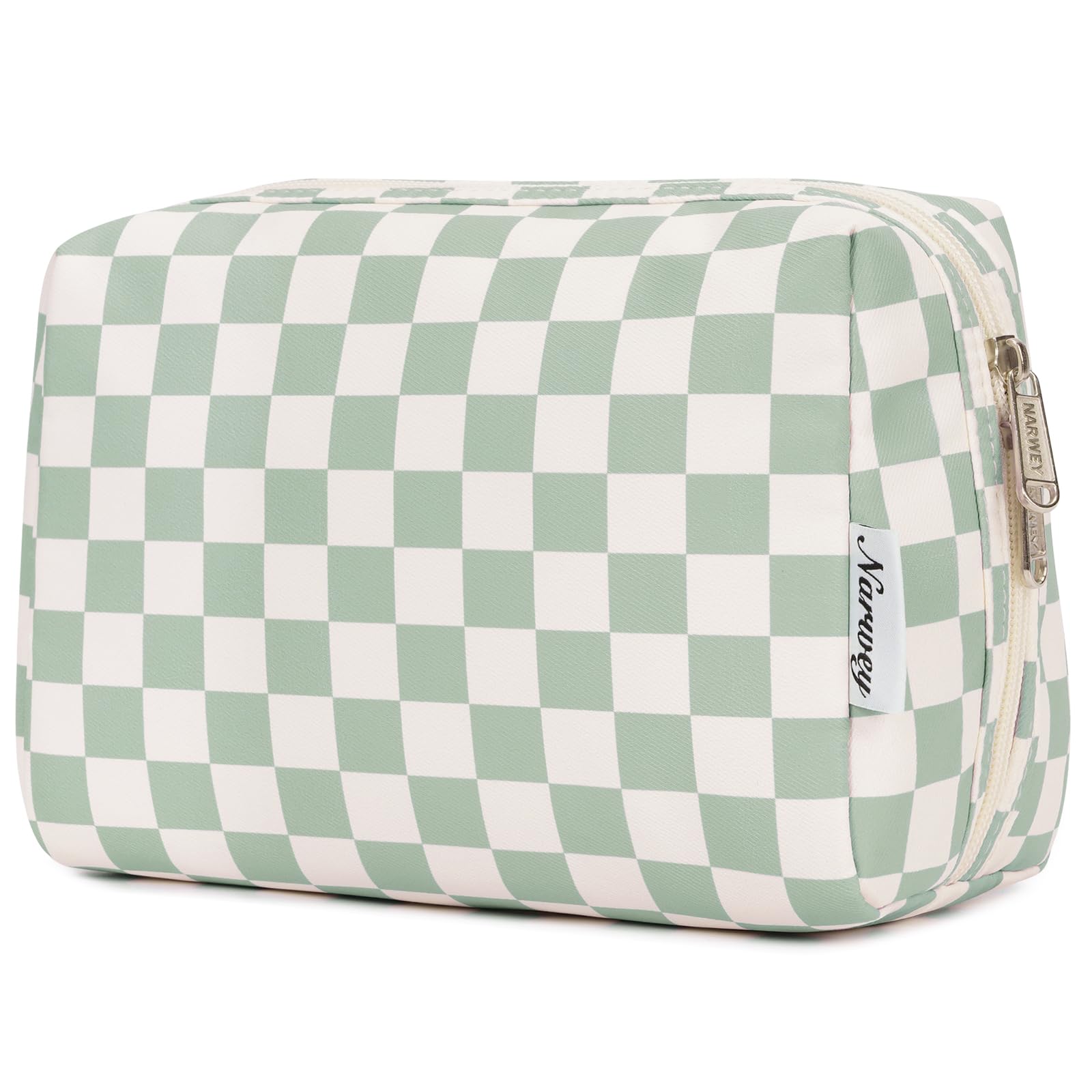 Narwey Large Makeup Bag Zipper Pouch Travel Cosmetic Organizer for Women (Large, Mint Green Checkerboard)