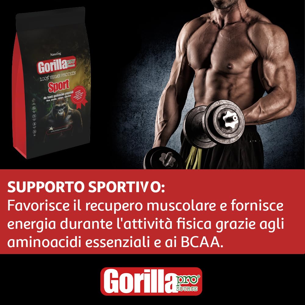 Naturveg® GORILLA PRO SOURCE Sport – Proteine in polvere Vegane da 1kg con BCAA, Glutammina, vitamine B, proteine vegetali di riso canapa, pisello e spirulina (1Kg, Caramello)