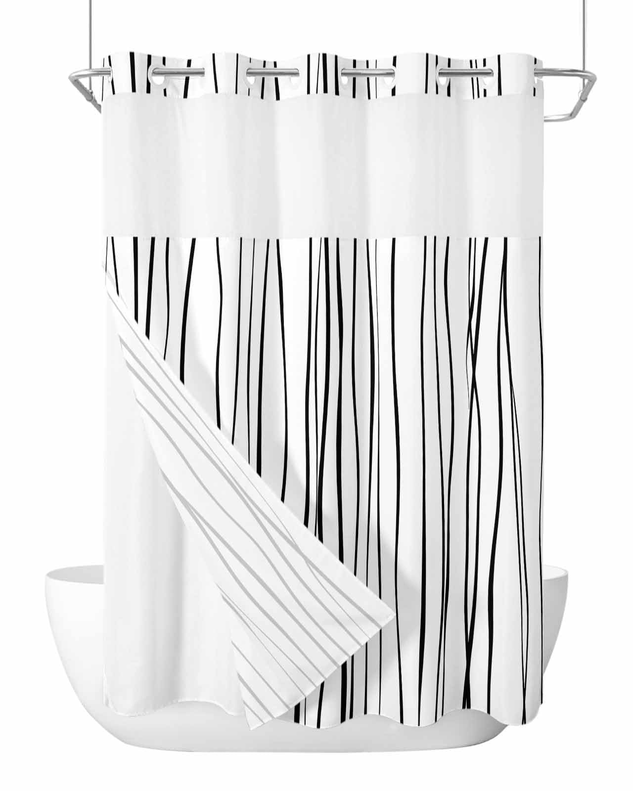 No Hook Shower Curtain with Snap in Liner Set Black Shower Curtains for Bathroom Decor Abstract Lines Gradient Minimalist Modern Texture Waterproof