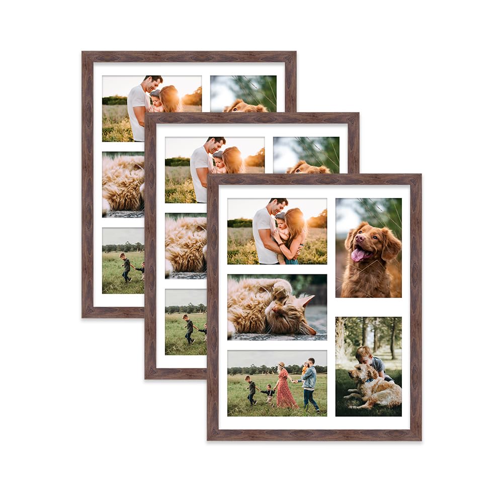 Walnut Multi Photo Frame - Holds 5 x 6x4 Pictures, Family Collage Picture Frame for Wall Display, 14x11 Frame size, Set of 3
