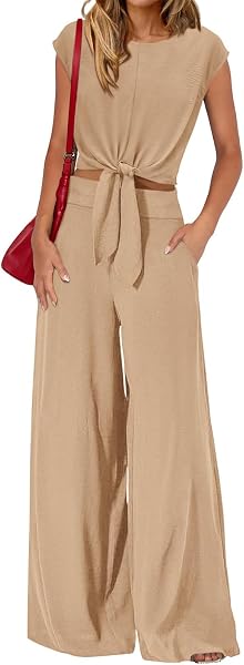 Completo estivo da donna a 2 pezzi, a maniche corte, con laccetto frontale, a vita alta, pantaloni a gamba larga, vestibilità ampia, set coordinato casual - 4