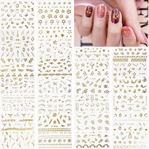 Zoance Gold Nail Art Stickers,30 Sheet Diffrent Style 3D Flower Butterflies Geometric Lines Self-Adhesive Nail Stickers, Nail art Supplies for Nail DIY Decoration, Customized Adhesive Nail Accessories for Women French Nail Design