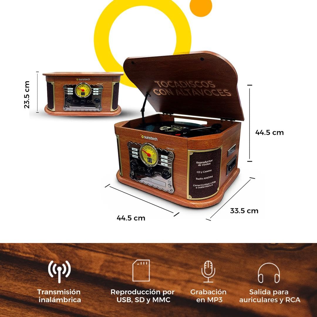 Sunstech Tocadiscos de vinilo de madera con conexión inalámbrica y altavoces estéreo 2.5 W | Giradiscos 3 velocidades 33/45/78 RPM | Reproductor CD, MP3, casete, radio AM/FM, USB y SD | Grabación MP3