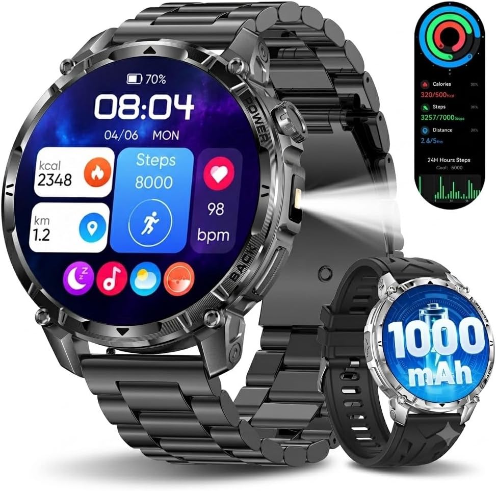 Military Smart Watch with Flashlight/100 Days Battery Life (2 Bands)