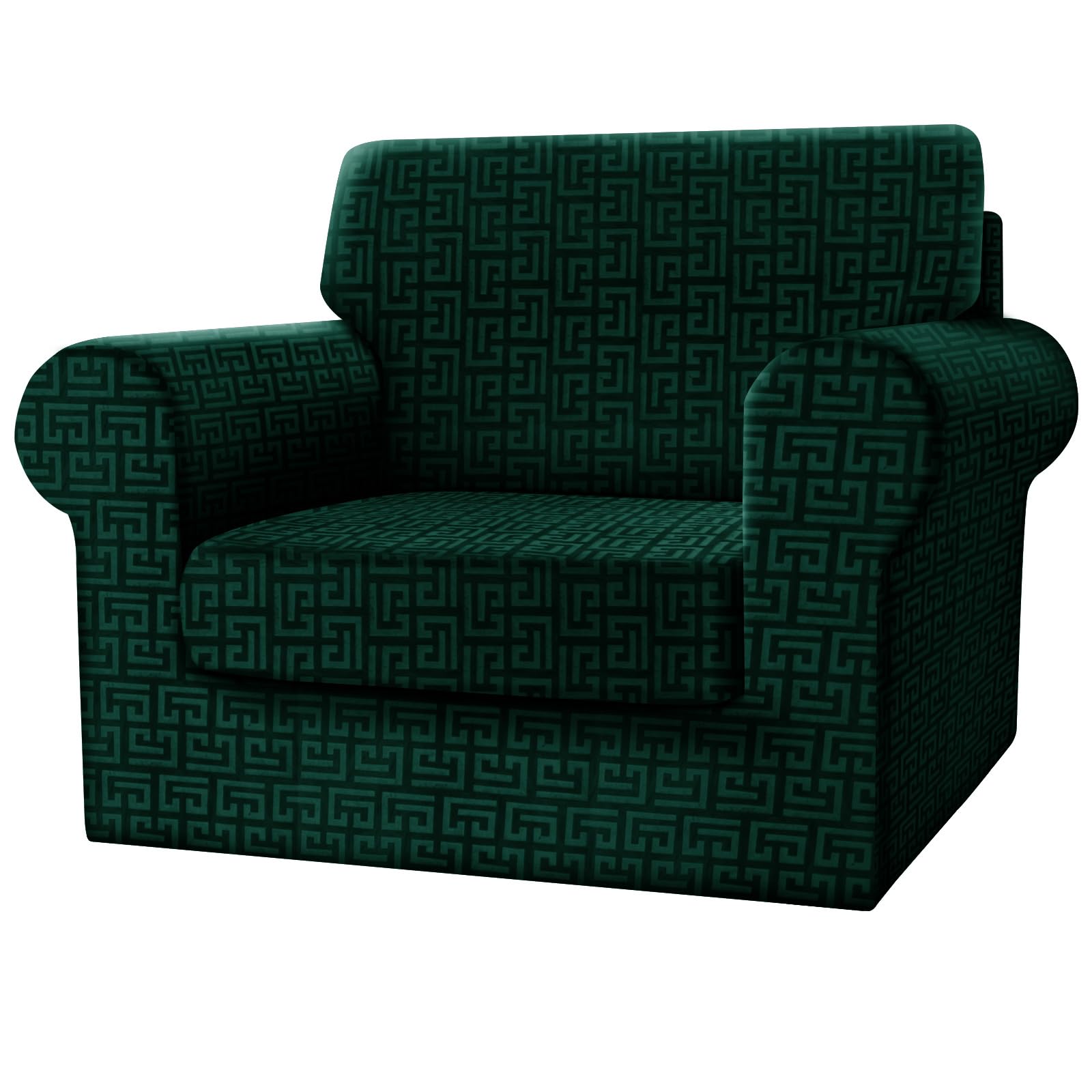 SYLC Fitted Single Sofa Cover, 3 Piece Sofa Slipcover With 1 Seat Cushion Cover And 1 Backrest Cover, Settee Covers Stretch Velvet Anaglyph(Green,Chair - 3 PCS)