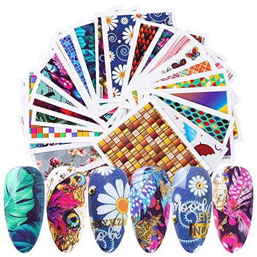 Macute 24pcs Nail Stickers Flower Butterfly Square Fashion Design Nail Art Decals Water Transfer Nail Sliders for Women Fingernails Toenails Decorations Manicure Tips Wraps Accessories