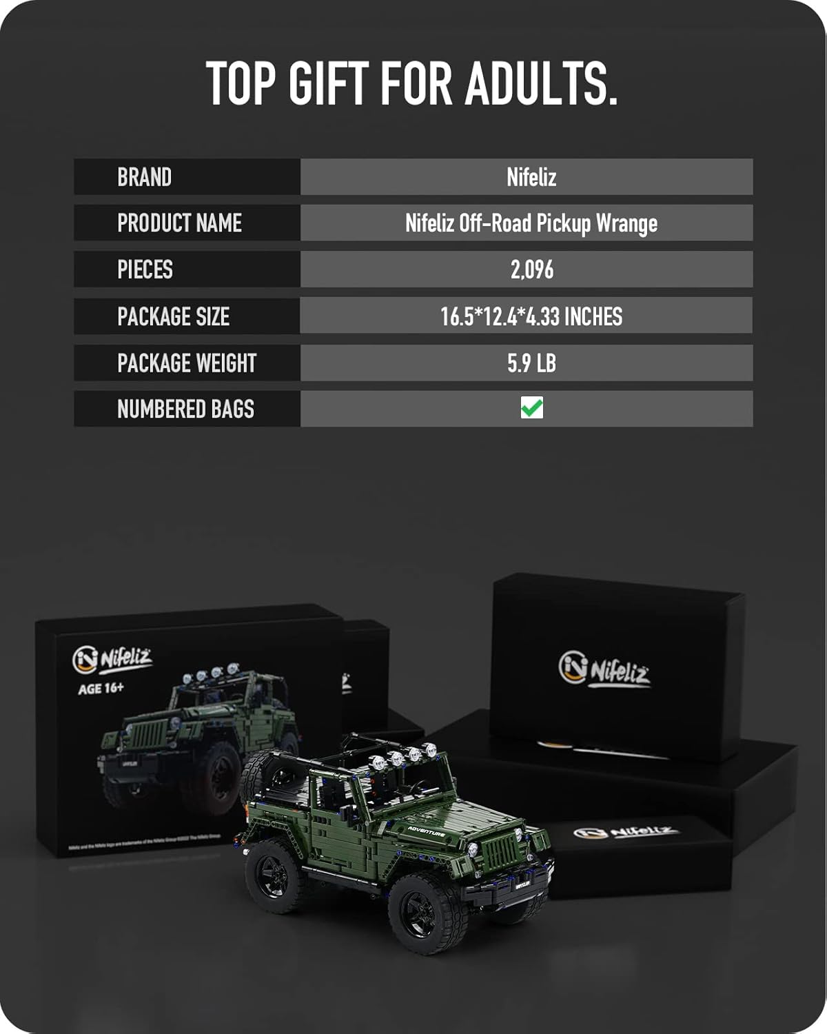 Table summarizing Nifeliz Off-Road Pickup Wrange product specifications including brand, product name, pieces, package size, package weight, and numbered bags.