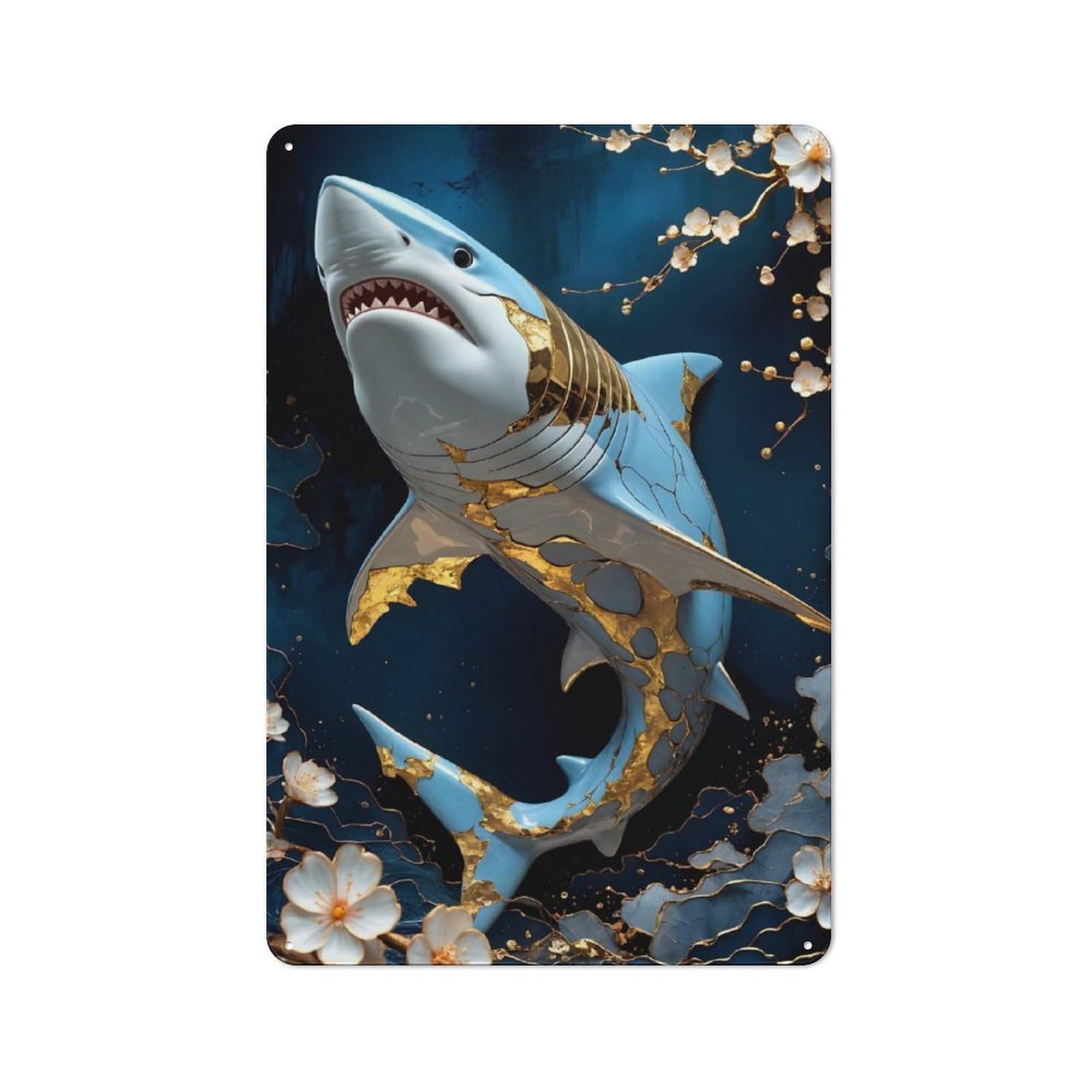 Junmoney Shark Gold Kintsugi Art Classic Decorative Tin Plaque 30X20cm Featuring Novelty Wall Art For Home, Shop, Pub Or Studio Wall