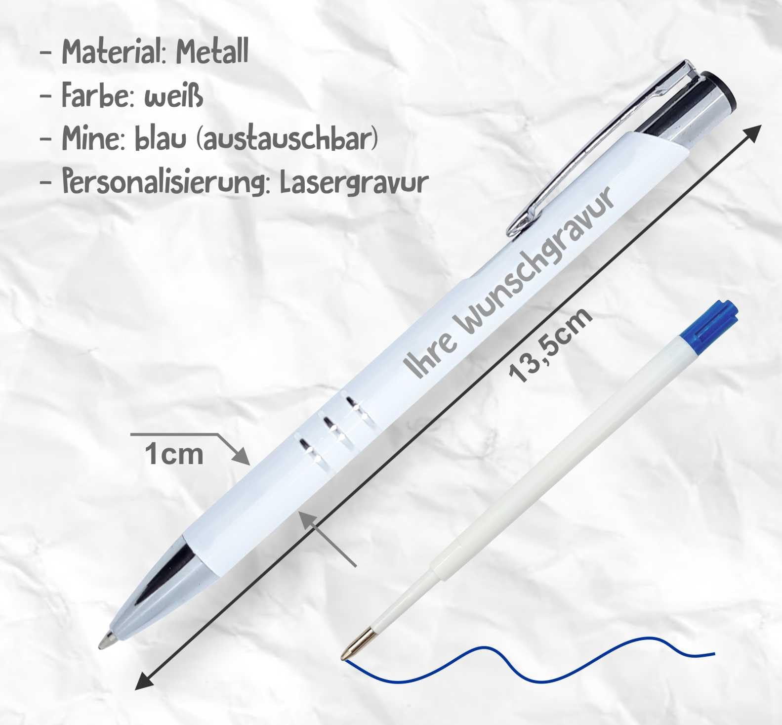 50x Kugelschreiber mit Gravur, Personalisierte Metall Kugelschreiber, Ideal als Gastgeschenke Hochzeit, Kommunionen, Geburtstage, oder als Werbegeschenke für Firmen (Weiß)