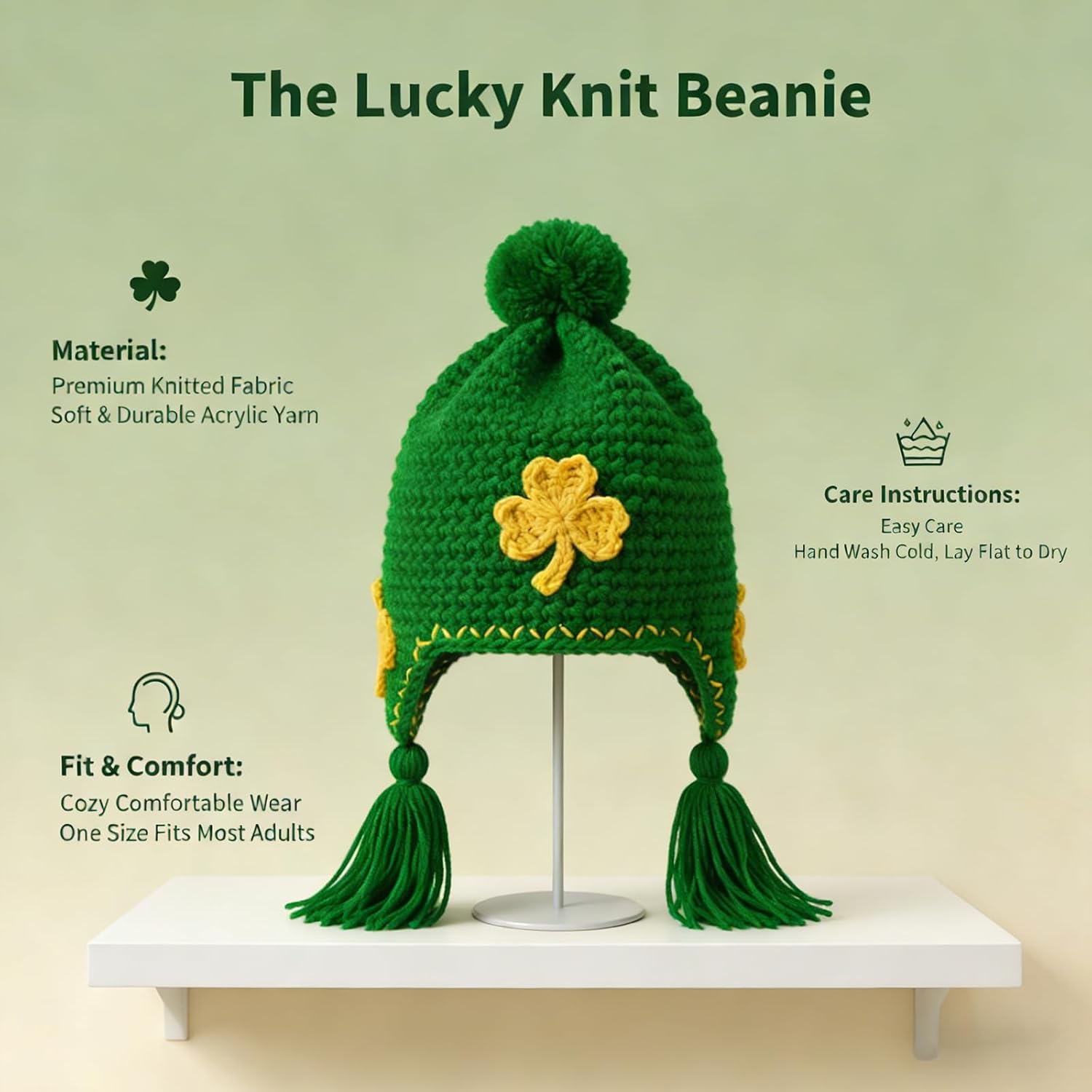 St Patricks Day Shamrock Beanie Hat Knit Green Clover Beanie St Patricks Day Decortions Cap Accessories Costume for Men&Women