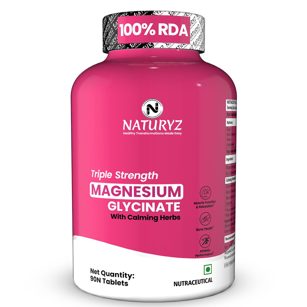 NATURYZ Triple Strength Magnesium Glycinate 2000mg & Calming Herbs for Men & Women | Chamomile | Valerian Extract | 100% RDA Magnesium | Supports Nerve Health, Muscle Relaxation & Sleep Quality - 90 Tablets