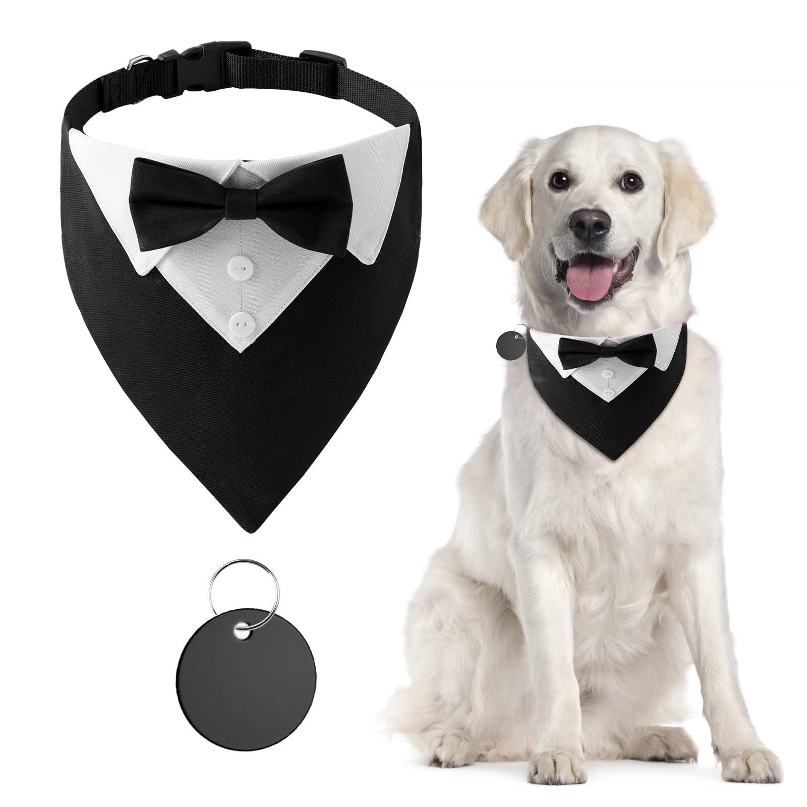 Urroma Black 1 Piece Formal Dog Tuxedo Bandana, Dog Wedding Collar With Bow Tie And Neck Tie Adjustable Pet Costume Bowtie Neckerchief For Small Dogs And Cats, L