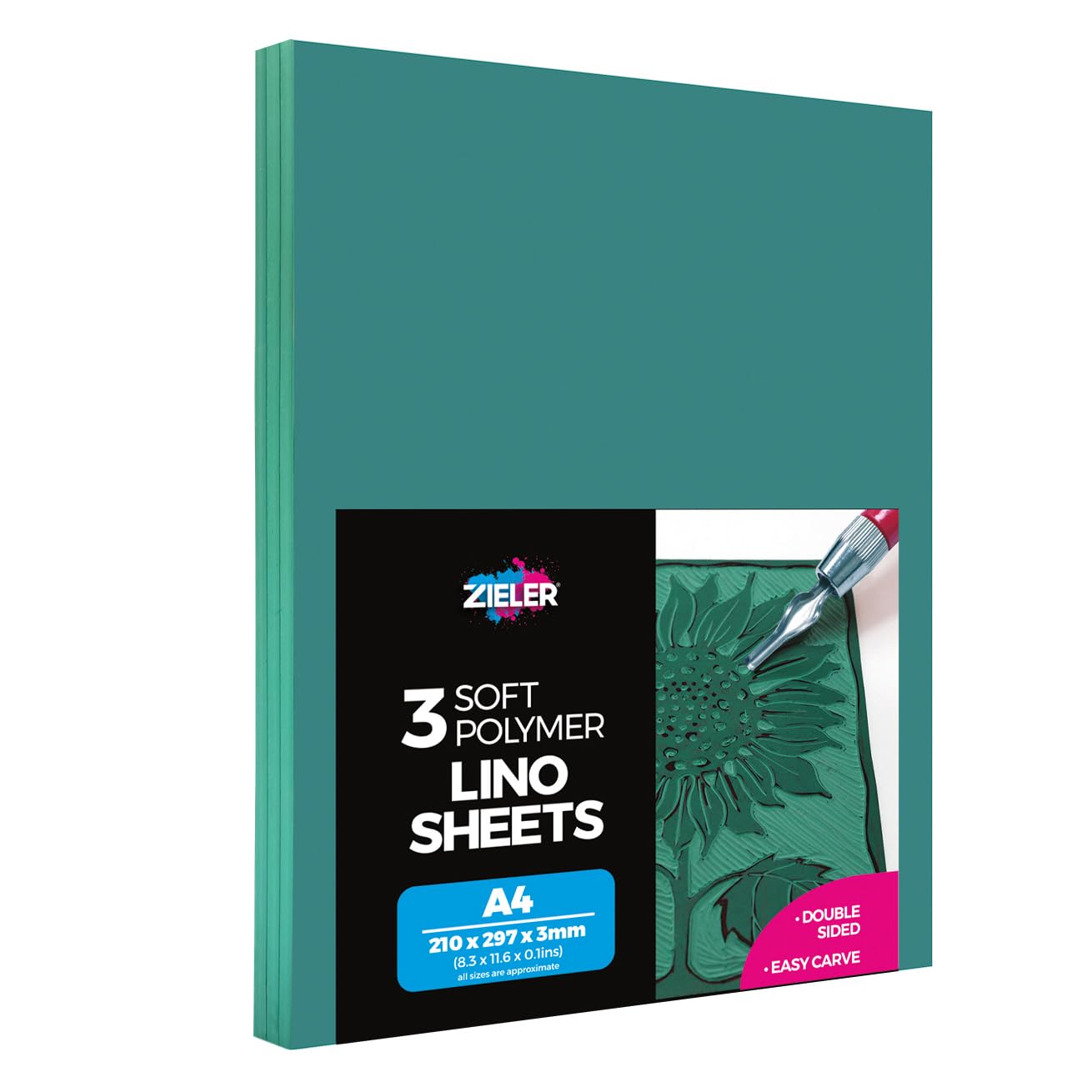 A4 Lino Sheets - Lino Printing Block Sheets - by Zieler® - Double-Sided, Easy-Carve Soft Lino Block (A4 Size: 297 x 210 x3mm) Sheets. Ideal for School or Home - (Pack of 3 Sheets)