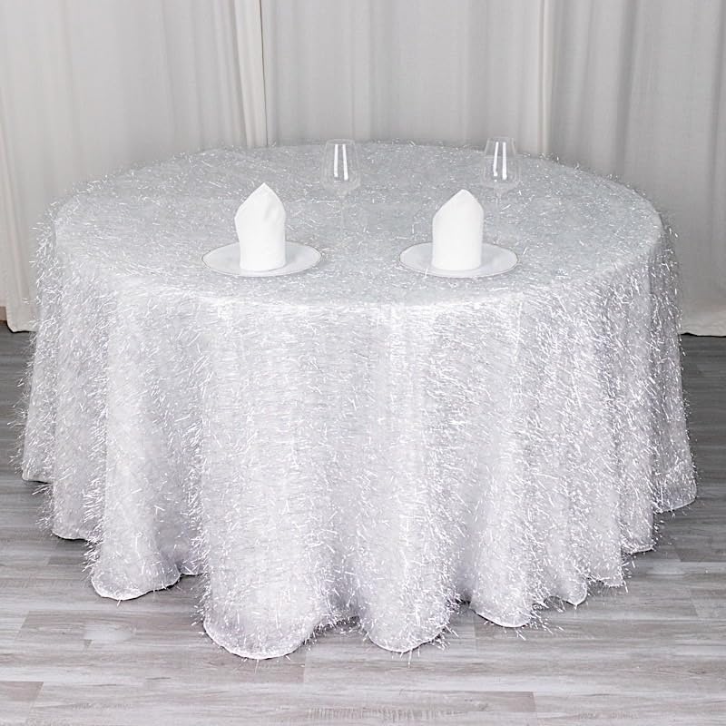 Miniatura 2 de Mantel redondo de poliéster de oropel metálico plateado de 120 pulgadas, suministros para decoración del hogar, bodas, fiestas, eventos, recepción,