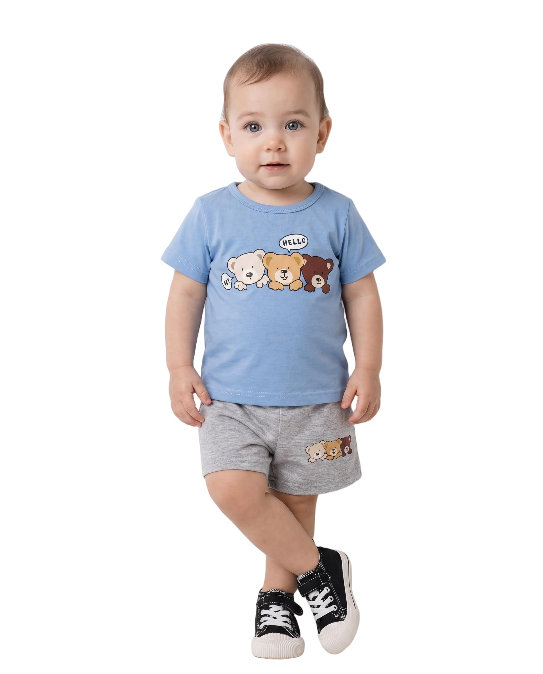Baby Boys T-Shirt and Shorts Set, Blue and Grey, Teddy Bear Print-image-1