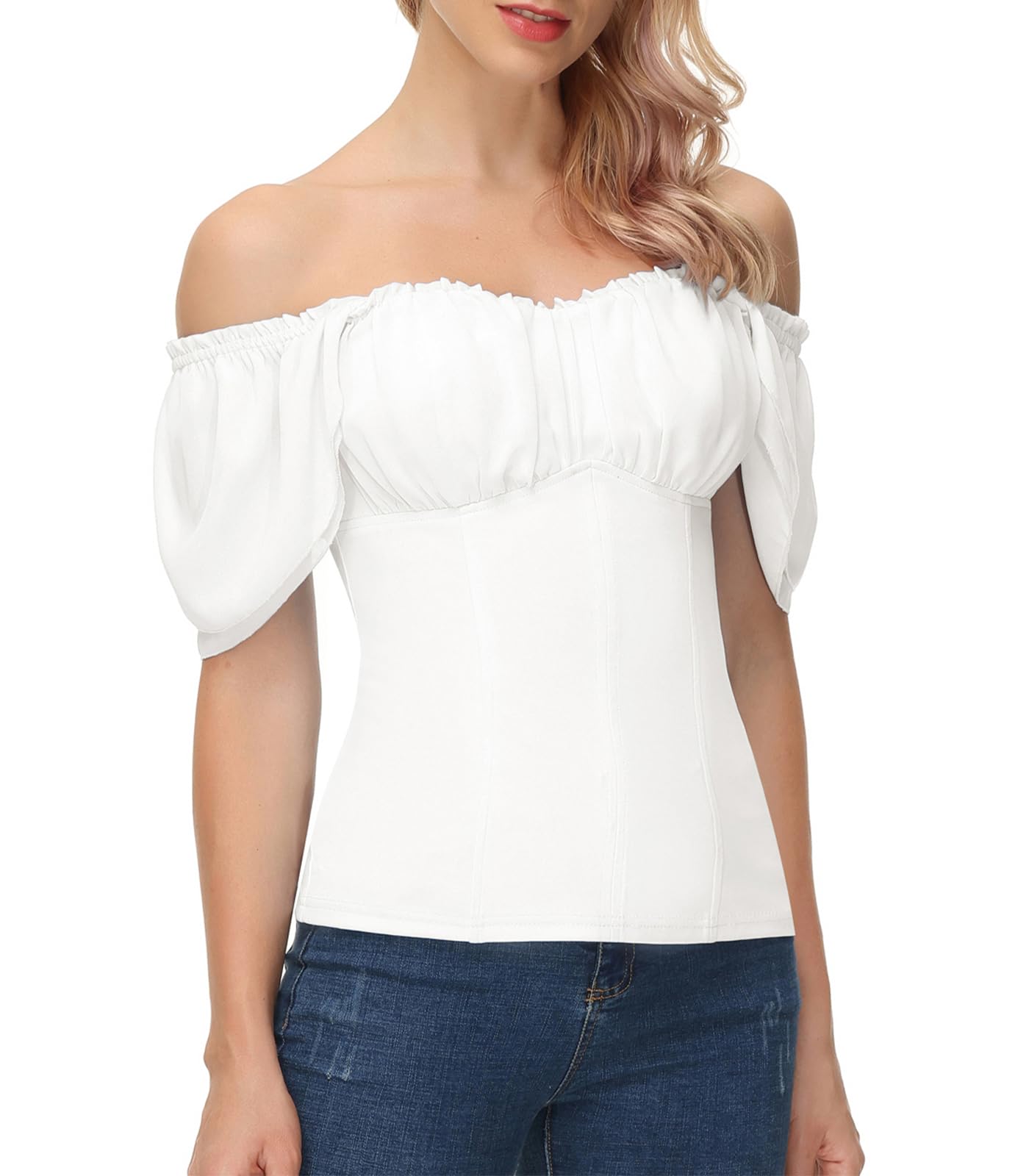 Caracilia Women Renaissance Shirt Off Shoulder Flutter Short Sleeve Top Summer Square Neck Peasant Blouse