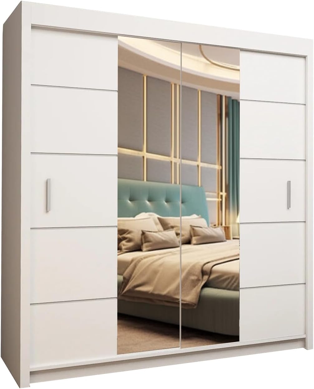 Oslo Modern Mirror sliding door wardrobe with LED Light Width 150cm/180cm/203cm (White, 150cm)