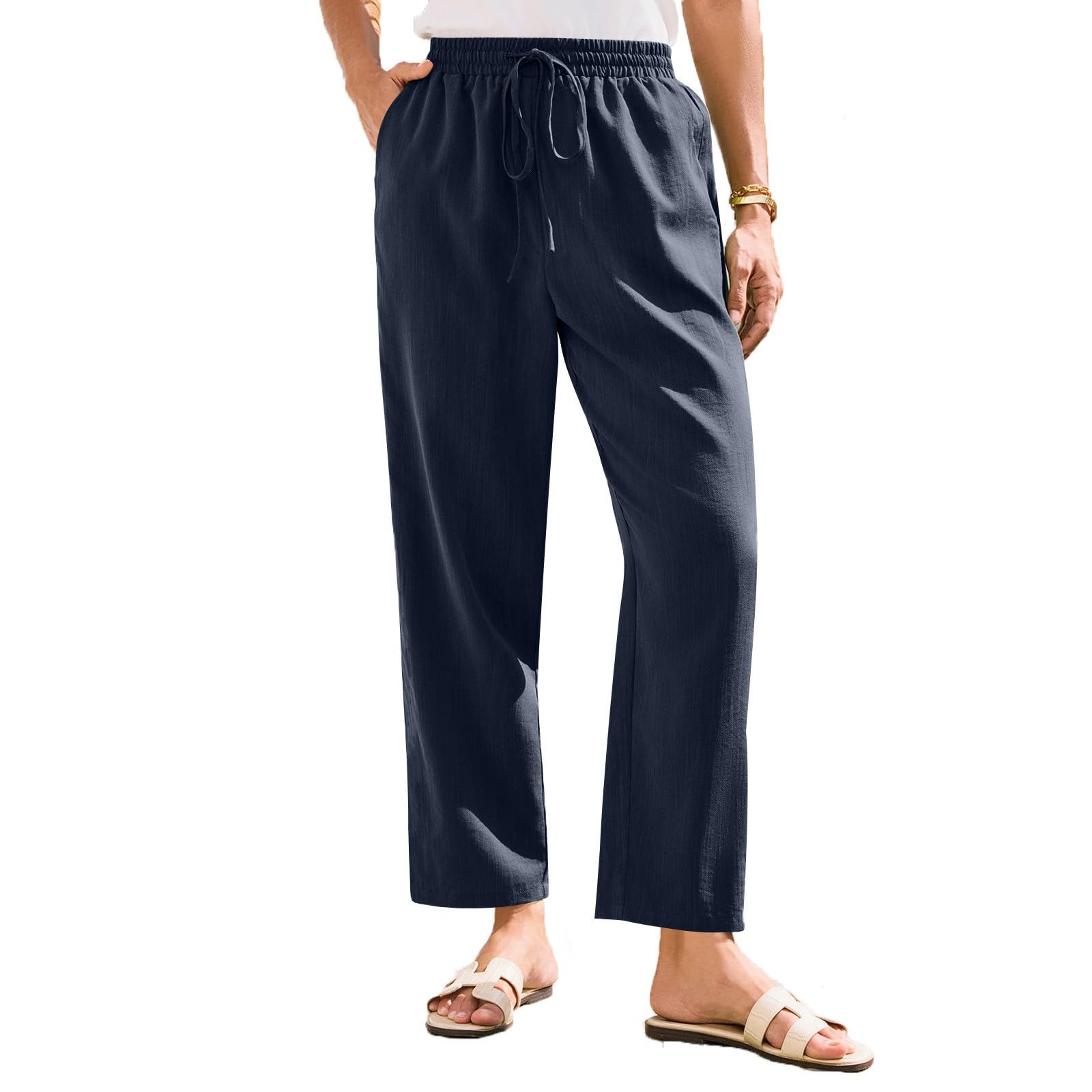 NBXNZWF Women's Cotton Linen Straight Leg Pants Elastic Drawstring Casual Trousers Summer Beach Lounge Pants with Pockets