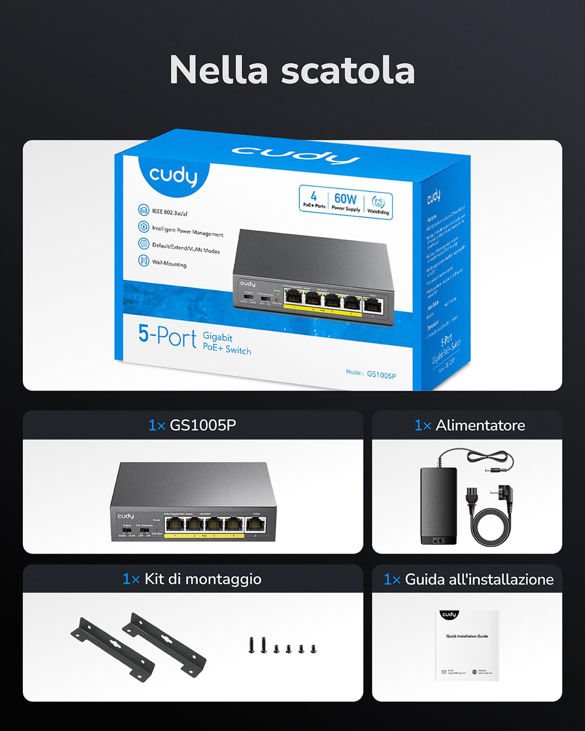 Cudy GS1005P Switch Ethernet Gigabit 5 Porte Poe+ 60W, 4 Porte 10/100/1000Mbps Poe+, Switch Unmanaged, No Alimentazione Aggiuntiva, 802.3af/at