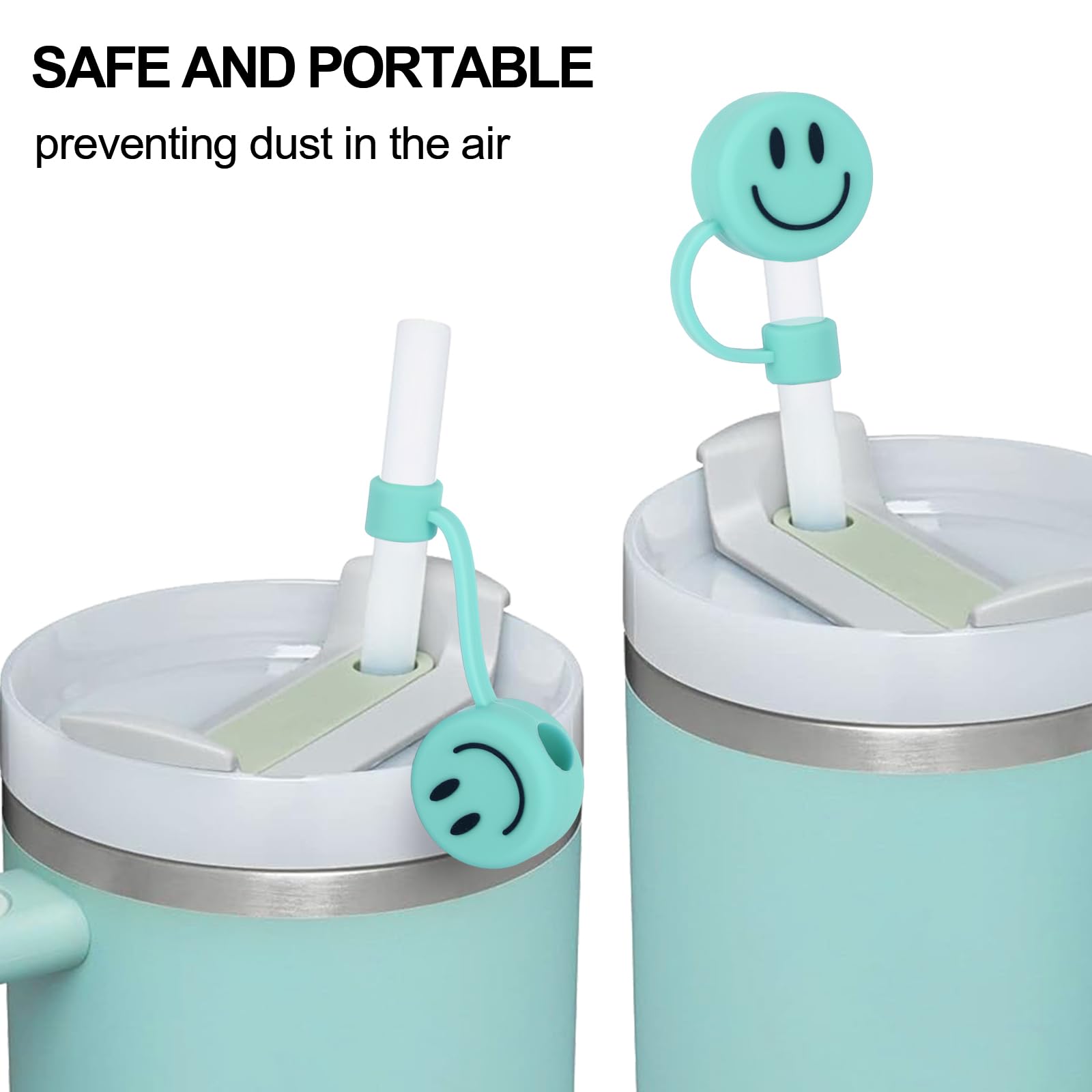 Whaline 6-Pack Smiling Face Straw Covers – Mint Green Silicone Toppers For 30 & 40 Oz Tumblers