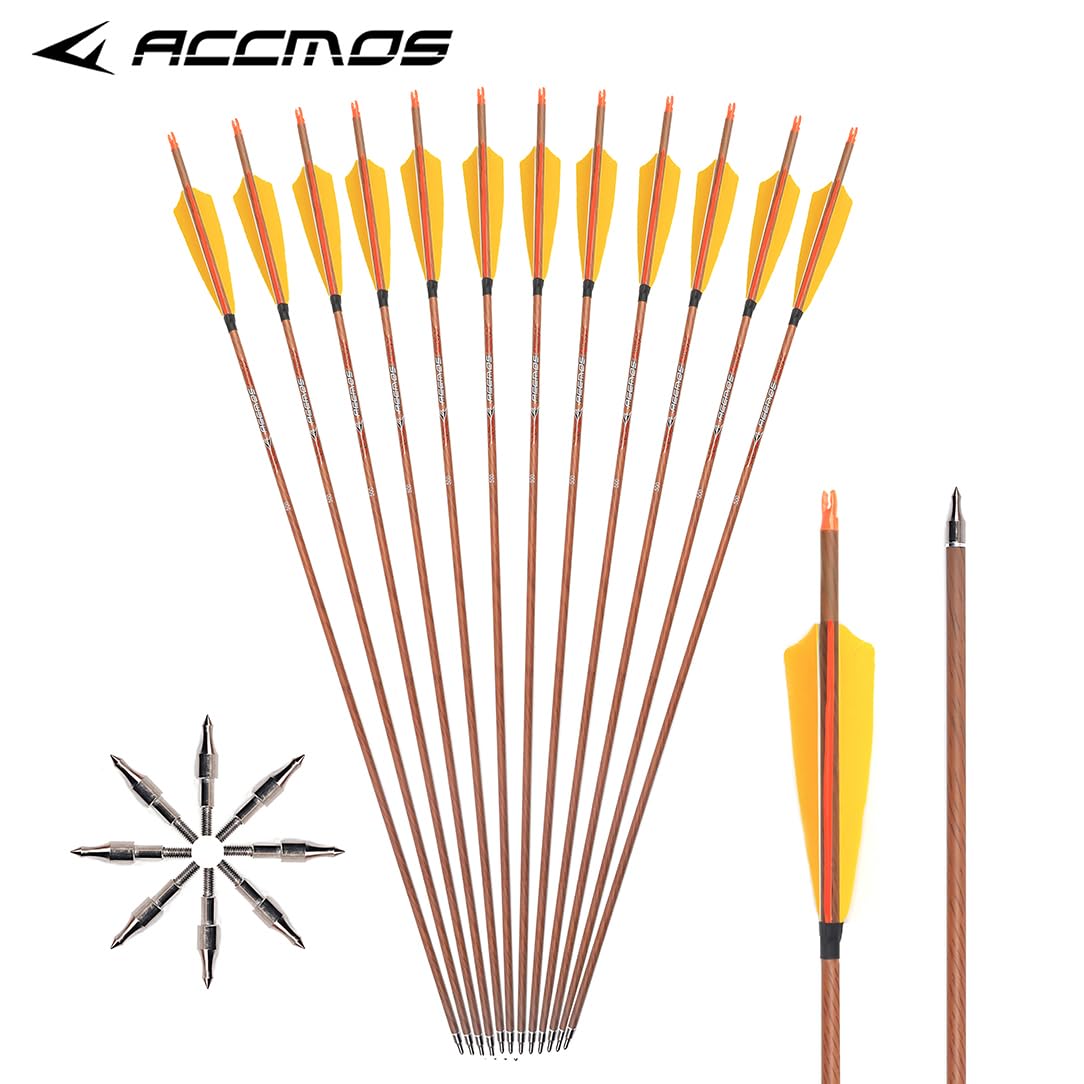 ACCMOS 12pz Frecce per Tiro con L'Arco ID 6,2 mm Spine 350 400 450 500 600 700 800 Simil Legno Freccia in Puro-Carbon 5" Piuma di Tacchino Freccia da Cacci (Spine 700, 31inch)