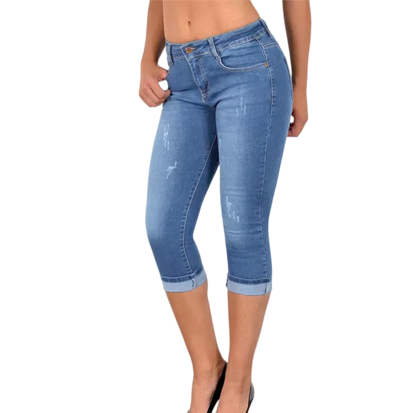Jeans da Donna Slim-Fit Strappati con Risvolto | Jeans cropped elasticizzati a vita media con effetto vissuto, modello slim fit con baffature e risvolto sul fondo