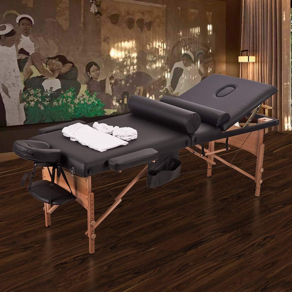 BestMassage Massage Bed Portable Massage Table 28 inch Wide Lash Bed Height Adjustable 3 Folding Spa Table with Towel Hanger Oil Pouch Half Bolster Round Bolster Non-Woven Backpack