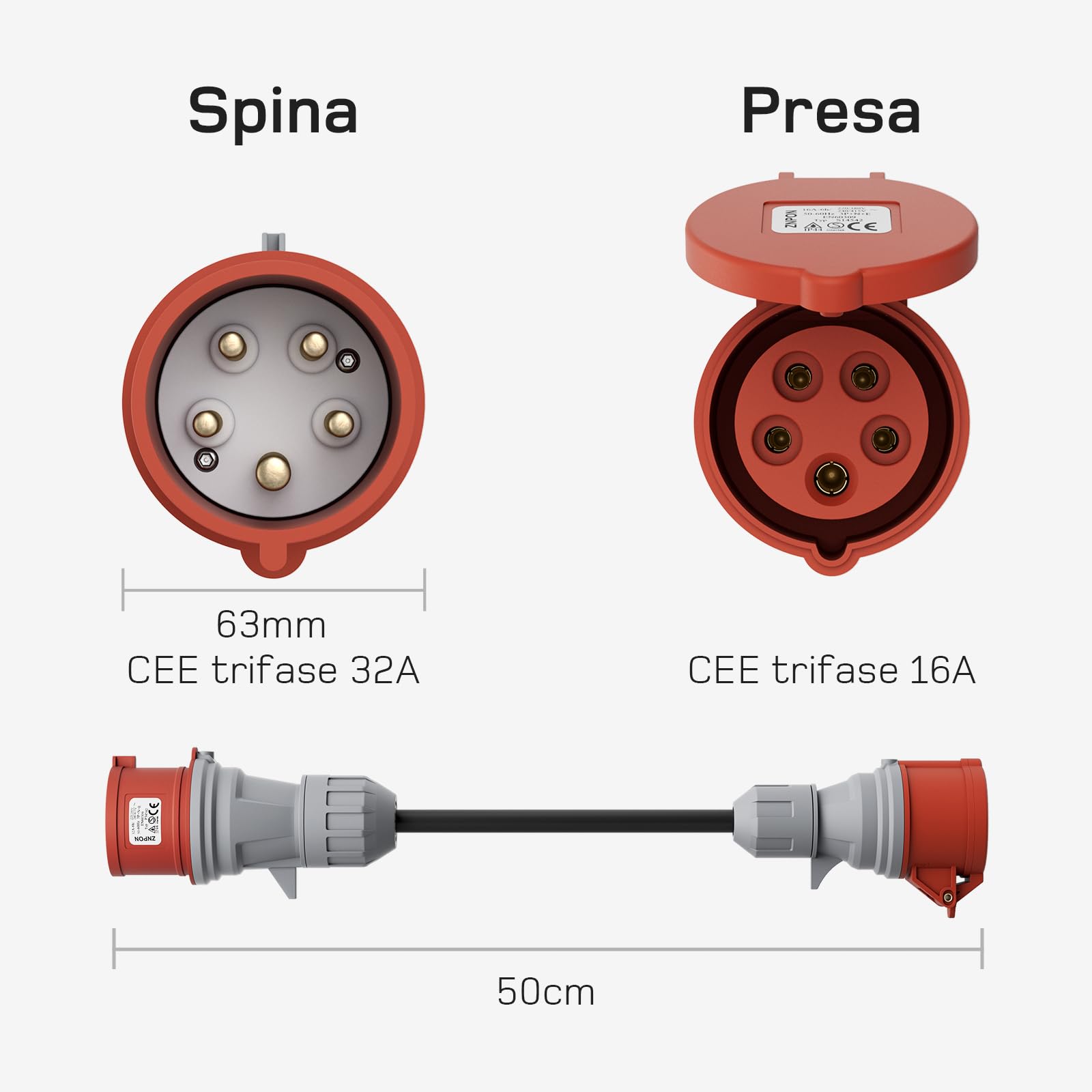 dé Adapter Set CEE 16A 5-Pole per 11kW Caricatore EV/Stazione di Ricarica a CEE Rosso 32A / CEE Blu 16A / Presa Domestica 230V con Cavo in Gomma 0,5m H07RN-F 3G2.5mm² IP44 per Uso Esterno