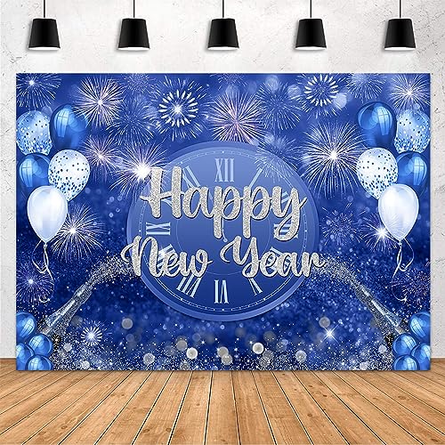 Décoration de fête du Nouvel An avec bannière Happy New Year et fond photo bleu