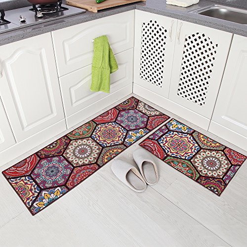 Carvapet 2 Pieces Non-Slip Kitchen Rug Mat Runner Set Doormat Vintage Design Boho Style, Hexagon (15
