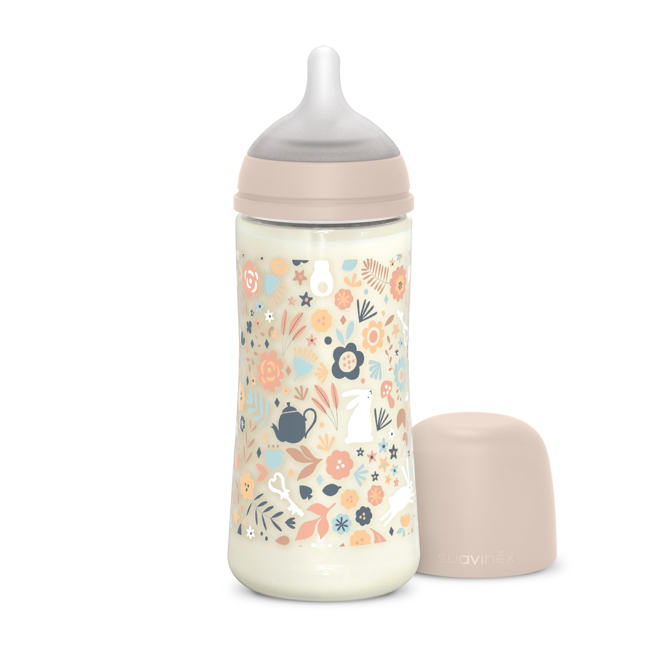 Suavinex, Biberón de 360 ml, con Tetina Fisiológica SX Pro de Silicona, con válvula Anticólico. Biberón con Tetina de Flujo Denso (L). Para Bebés +6 Meses. Wonderland, Flores, Rosa