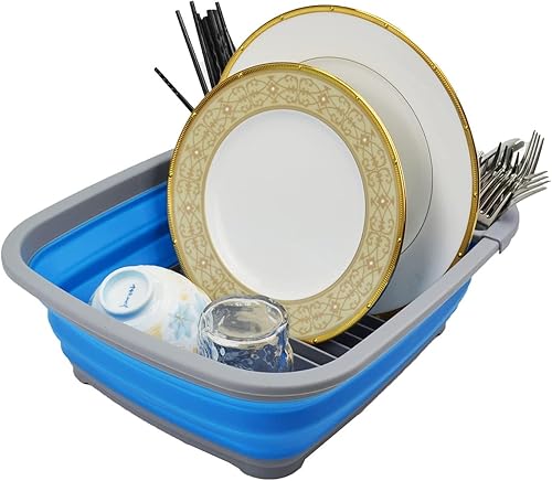 Miniatura 8 de SAMMART Escurridor de platos de plástico plegable de 8 litros (2.11 galones), juego de escurridor plegable, organizador de vajilla portátil, para