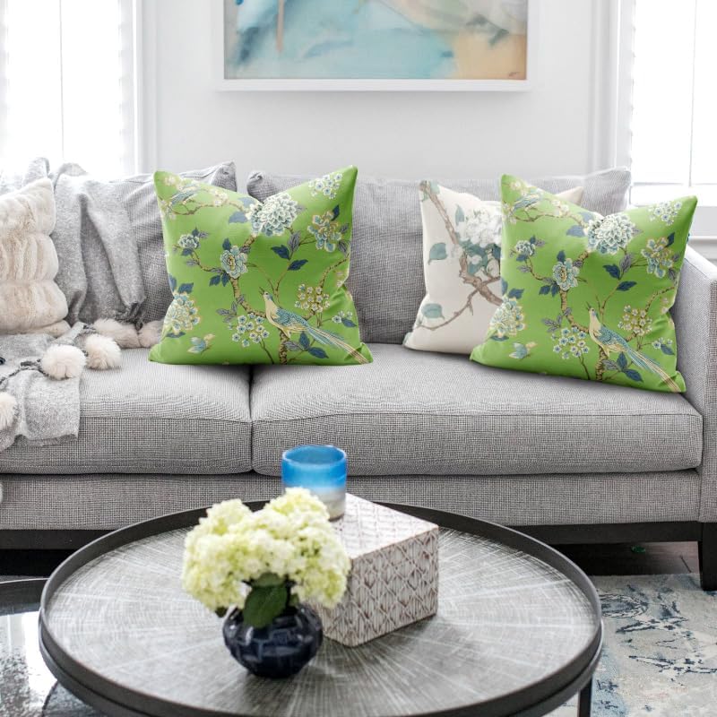 Miniatura 4 de Chinoiserie - Juego de 2 fundas de almohada de 18 x 18 pulgadas, diseño de flores verdes y pájaros, fundas de almohada de lino para exteriores,